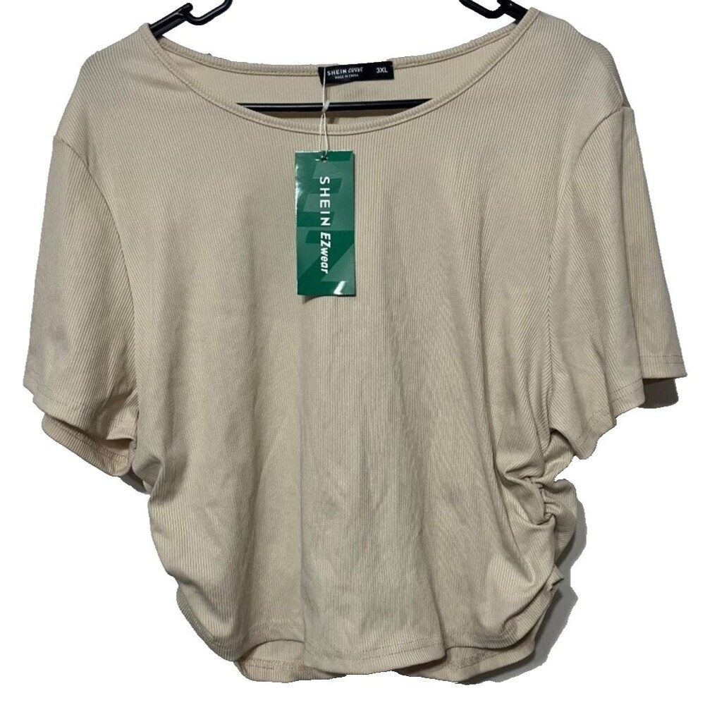 Shein Curve 3XL Beige Ribbed Knit Crop‎ Top Minimalist Y2K Aesthetic Stretchy